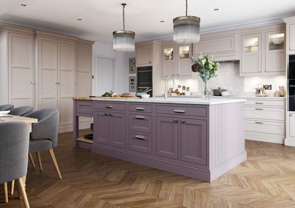 Belgravia Lavendar Gray And Cashmere In Frame Shaker Kitchen With Island | Stanford Design, Upminster