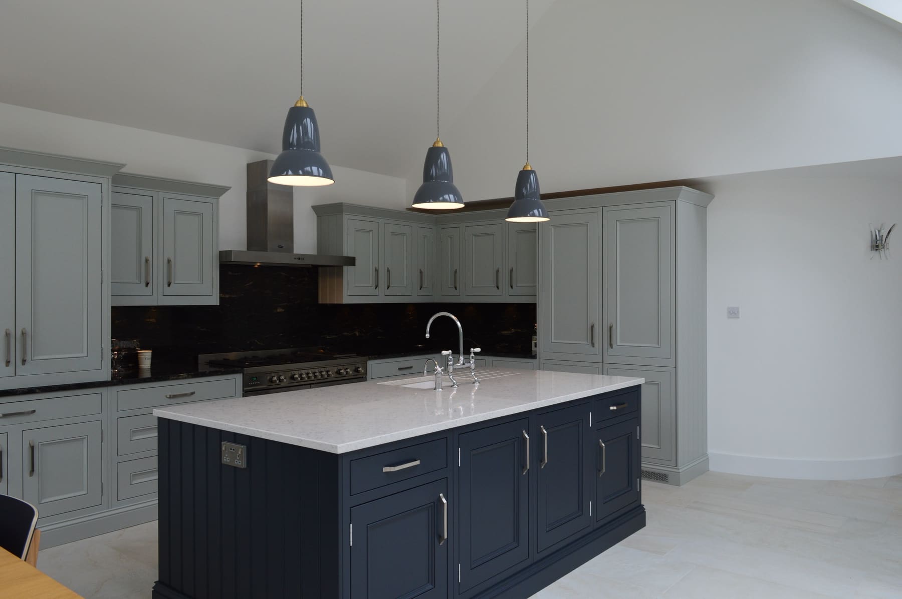 Grey Shaker Kitchen With Navy Island Stanford Design