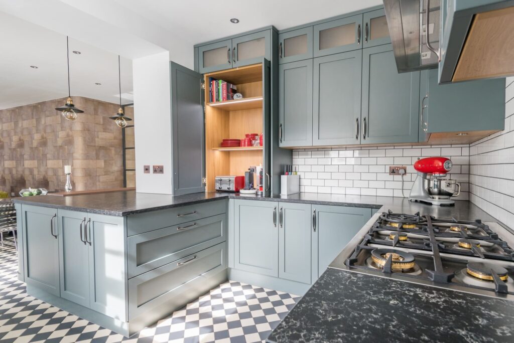 Grey Shaker Kitchen With Navy Island Stanford Design